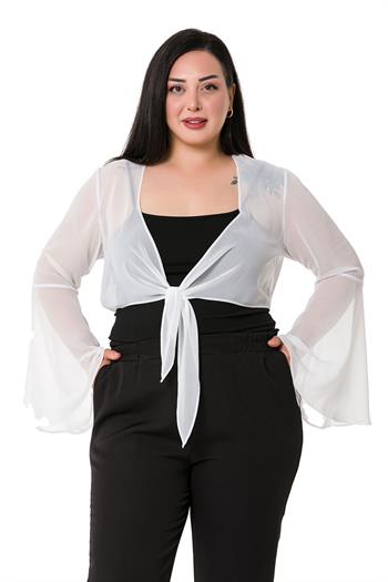 Plus Size Spanish Sleeves Tie Front Chiffon White Bolero