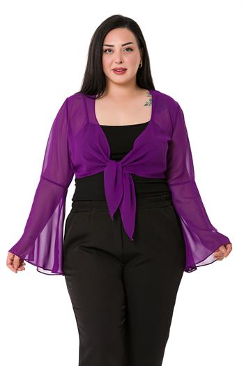 Plus Size Spanish Sleeves Tie Front Chiffon Purple Bolero