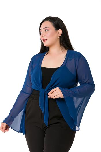 Plus Size Spanish Sleeves Tie Front Chiffon Navy Blue Bolero