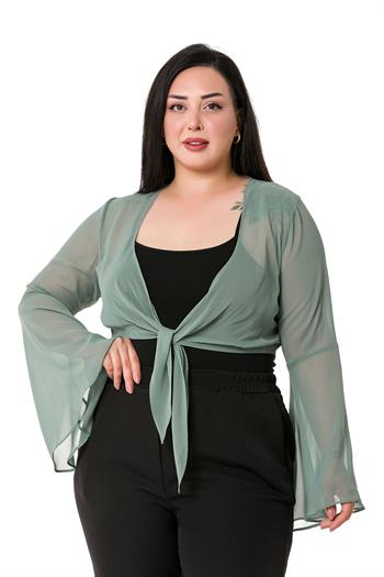 Plus Size Spanish Sleeves Tie Front Chiffon Water Green Bolero