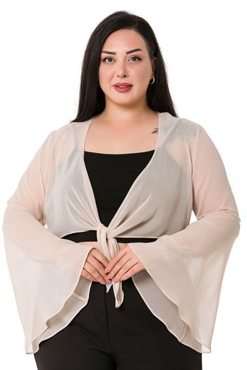 Plus Size Spanish Sleeves Tie Front Chiffon Beige Bolero