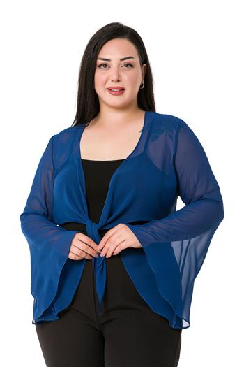 Plus Size Spanish Sleeves Tie Front Chiffon Navy Blue Bolero