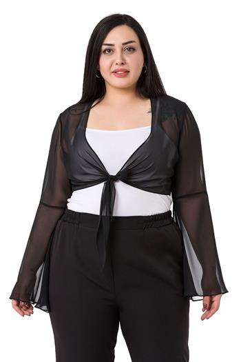 Plus Size Spanish Sleeves Tie Front Chiffon Black Bolero