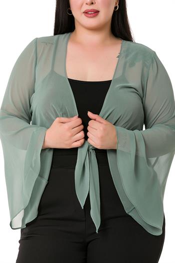 Plus Size Spanish Sleeves Tie Front Chiffon Water Green Bolero
