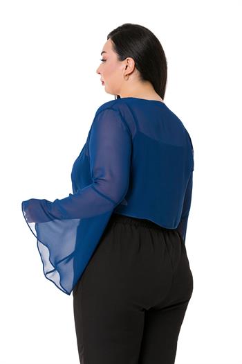 Plus Size Spanish Sleeves Tie Front Chiffon Navy Blue Bolero