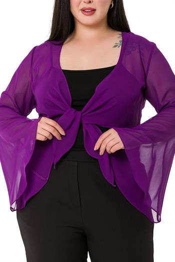 Plus Size Spanish Sleeves Tie Front Chiffon Purple Bolero
