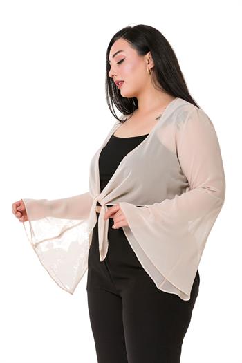 Plus Size Spanish Sleeves Tie Front Chiffon Beige Bolero