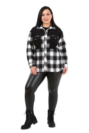 Büyük Beden Kadife Kumaş Garnili Göğüsten Cepli Oduncu Siyah Gömlek