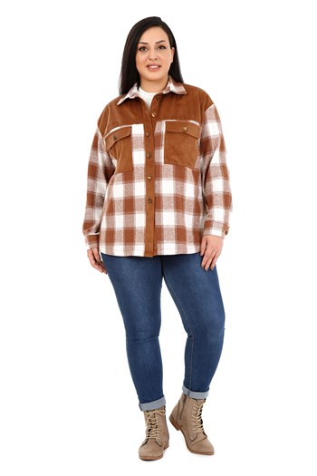 Büyük Beden Kadife Kumaş Garnili Göğüsten Cepli Oduncu Kahverengi Gömlek