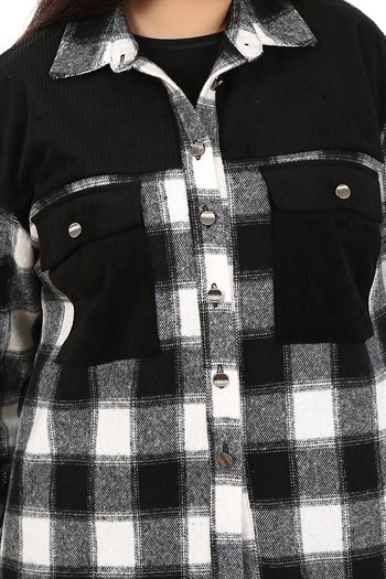 Büyük Beden Kadife Kumaş Garnili Göğüsten Cepli Oduncu Siyah Gömlek