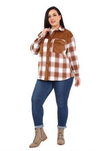 Büyük Beden Kadife Kumaş Garnili Göğüsten Cepli Oduncu Kahverengi Gömlek