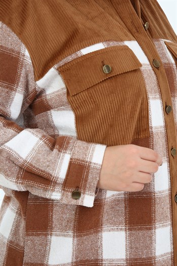 Büyük Beden Kadife Kumaş Garnili Göğüsten Cepli Oduncu Kahverengi Gömlek