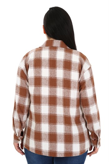 Büyük Beden Kadife Kumaş Garnili Göğüsten Cepli Oduncu Kahverengi Gömlek