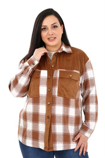 Büyük Beden Kadife Kumaş Garnili Göğüsten Cepli Oduncu Kahverengi Gömlek