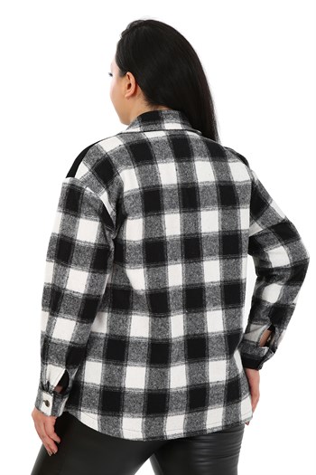 Büyük Beden Kadife Kumaş Garnili Göğüsten Cepli Oduncu Siyah Gömlek