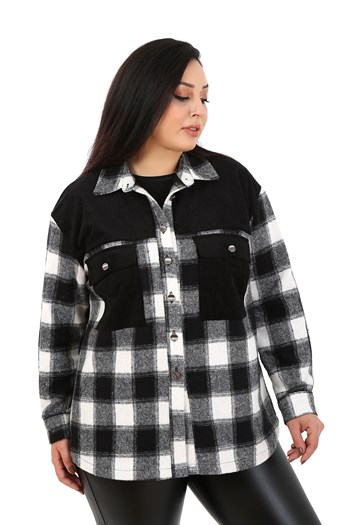 Büyük Beden Kadife Kumaş Garnili Göğüsten Cepli Oduncu Siyah Gömlek