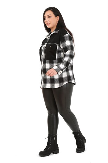 Büyük Beden Kadife Kumaş Garnili Göğüsten Cepli Oduncu Siyah Gömlek