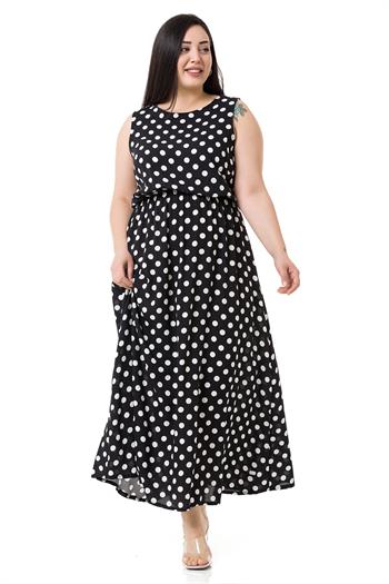 Büyük Beden Kalın Askılı Beli Lastikli Büyük Puanlı Uzun Viskon Siyah Elbise