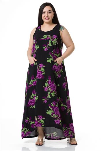 Plus Size Thick Strap Bag Pocket Lilac Floral Long Viscose Dress