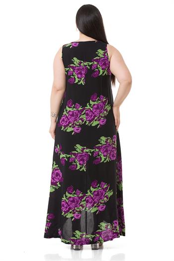 Plus Size Thick Strap Bag Pocket Lilac Floral Long Viscose Dress