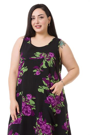 Plus Size Thick Strap Bag Pocket Lilac Floral Long Viscose Dress