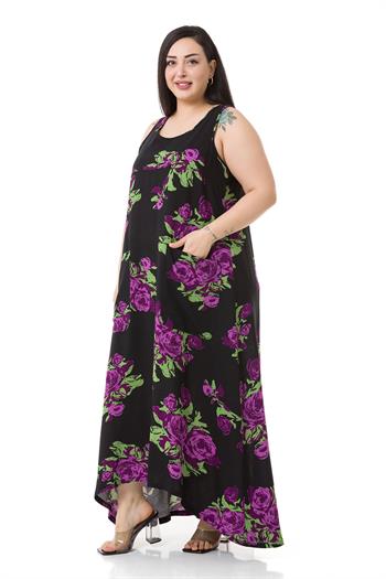 Plus Size Thick Strap Bag Pocket Lilac Floral Long Viscose Dress