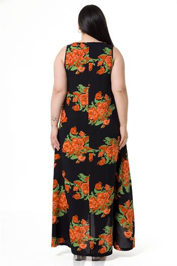 Plus Size Thick Strap Long Orange Floral Viscose Dress with Bag Pockets