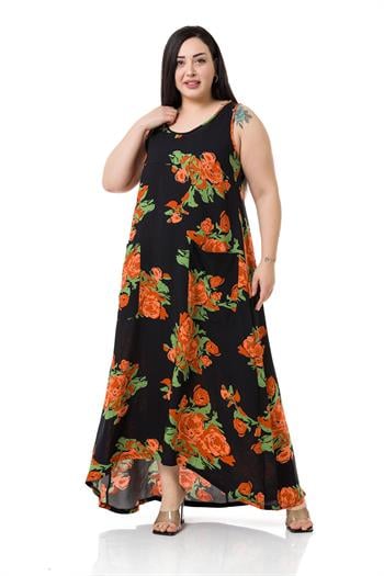 Plus Size Thick Strap Long Orange Floral Viscose Dress with Bag Pockets