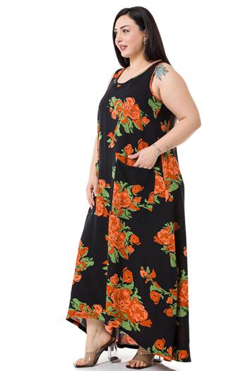 Plus Size Thick Strap Long Orange Floral Viscose Dress with Bag Pockets