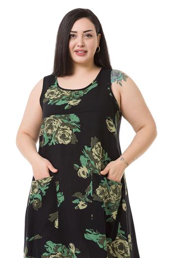 Plus Size Thick Strap Green Floral Long Viscose Dress with Bag Pockets