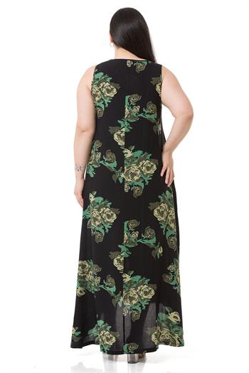 Plus Size Thick Strap Green Floral Long Viscose Dress with Bag Pockets