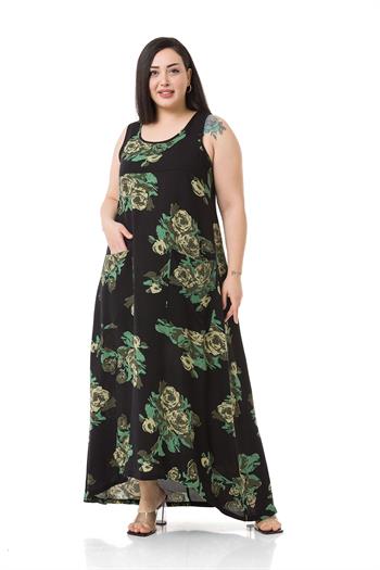 Plus Size Thick Strap Green Floral Long Viscose Dress with Bag Pockets