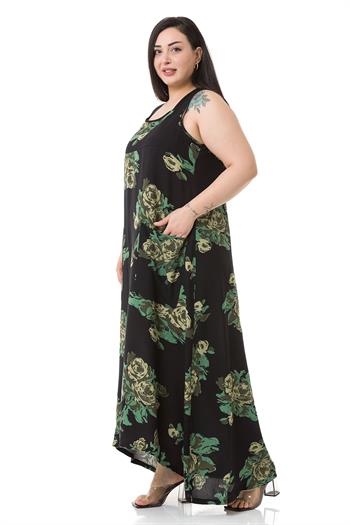 Plus Size Thick Strap Green Floral Long Viscose Dress with Bag Pockets
