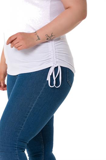 Büyük Beden Kalın Askılı Yanları Tünelli Viskon Beyaz Body