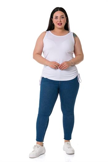 Büyük Beden Kalın Askılı Yanları Tünelli Viskon Beyaz Body