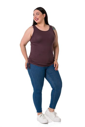 Büyük Beden Kalın Askılı Yanları Tünelli Viskon Koyu Vizon Body