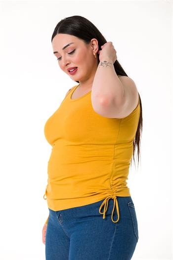 Büyük Beden Kalın Askılı Yanları Tünelli Viskon Hardal Body