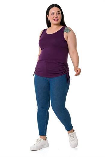 Büyük Beden Kalın Askılı Yanları Tünelli Viskon Mürdüm Body