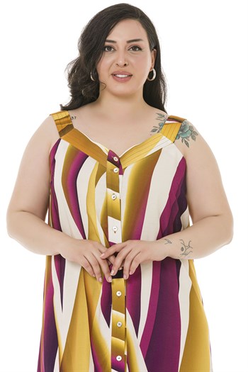 Büyük Beden Kalın Bant Askılı Önü Boydan Düğmeli Uzun Hardal Elbise