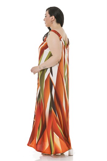 Büyük Beden Kalın Bant Askılı Önü Boydan Düğmeli Uzun Kırmızı Elbise