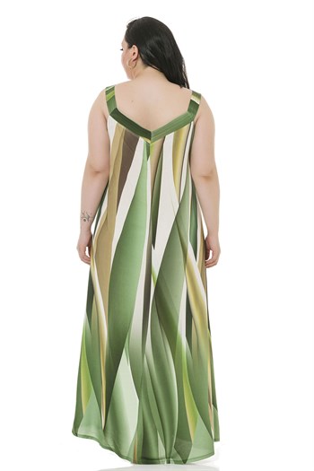 Büyük Beden Kalın Bant Askılı Önü Boydan Düğmeli Uzun Yeşil Elbise