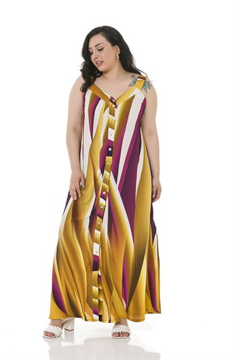 Büyük Beden Kalın Bant Askılı Önü Boydan Düğmeli Uzun Hardal Elbise