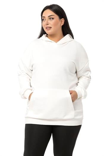 Büyük Beden Kanguru Cepli İki İplik Kapüşonlu Beyaz Sweatshirt