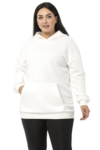Büyük Beden Kanguru Cepli İki İplik Kapüşonlu Beyaz Sweatshirt