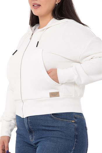 Büyük Beden Kanguru Cepli Kapüşonlu Üç İplik Beyaz Sweatshirt