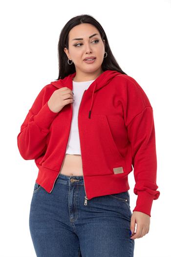 Büyük Beden Kanguru Cepli Kapüşonlu Üç İplik Kırmızı Sweatshirt