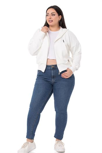 Büyük Beden Kanguru Cepli Kapüşonlu Üç İplik Beyaz Sweatshirt