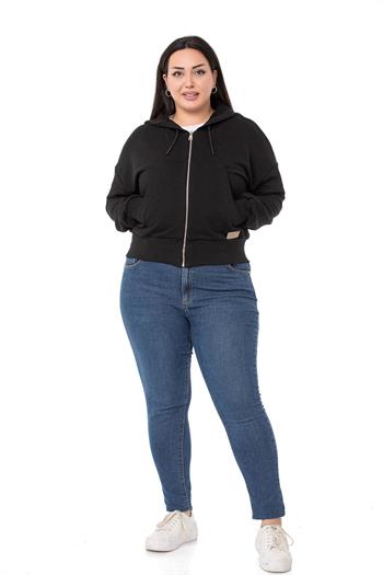 Büyük Beden Kanguru Cepli Kapüşonlu Üç İplik Siyah Sweatshirt