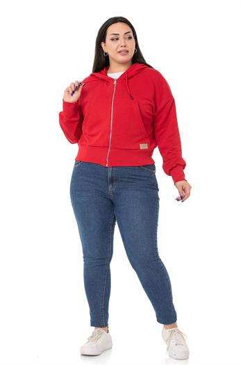 Büyük Beden Kanguru Cepli Kapüşonlu Üç İplik Kırmızı Sweatshirt