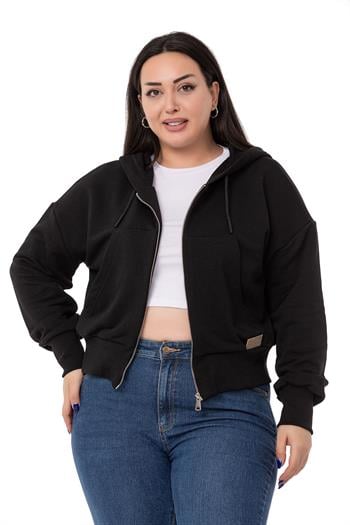 Büyük Beden Kanguru Cepli Kapüşonlu Üç İplik Siyah Sweatshirt